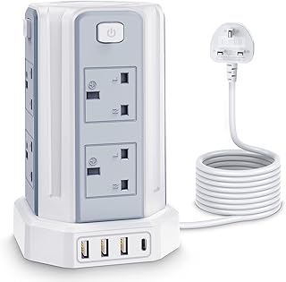 Tower Extension Lead with USB Solts,[13A 3250W] 8 Outlets and 4 USB Charging Ports Surge Protected Power Strip with 3M Long Extension Cord, Tower Charing Station for Home and Office