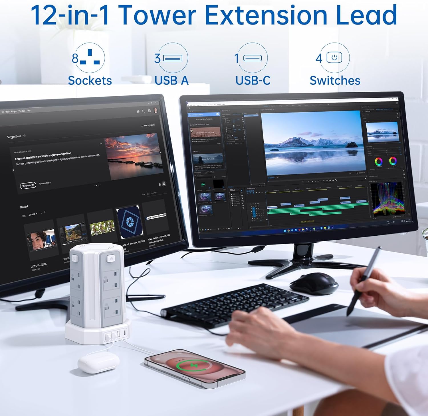 Tower Extension Lead with USB Solts,[13A 3250W] 8 Outlets and 4 USB Charging Ports Surge Protected Power Strip with 3M Long Extension Cord, Tower Charing Station for Home and Office-1