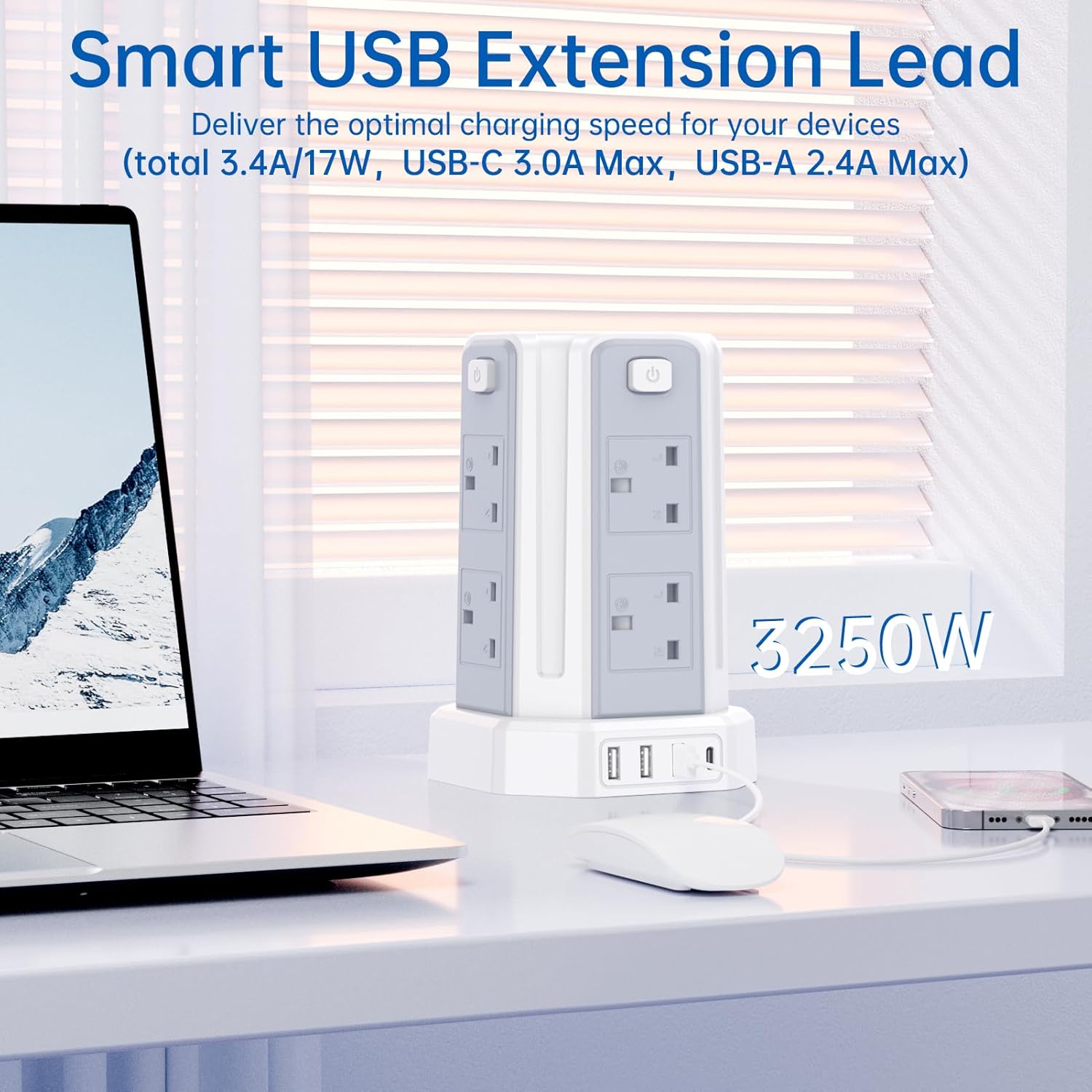 Tower Extension Lead with USB Solts,[13A 3250W] 8 Outlets and 4 USB Charging Ports Surge Protected Power Strip with 3M Long Extension Cord, Tower Charing Station for Home and Office-3