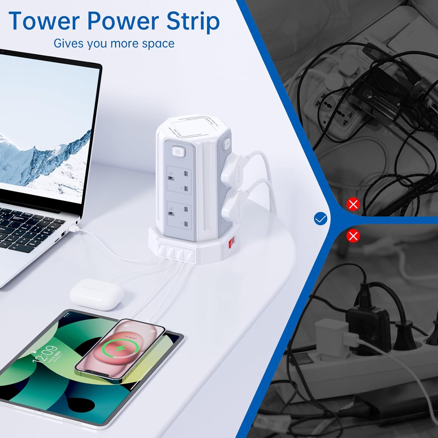 Tower Extension Lead with USB Solts,[13A 3250W] 8 Outlets and 4 USB Charging Ports Surge Protected Power Strip with 3M Long Extension Cord, Tower Charing Station for Home and Office-6