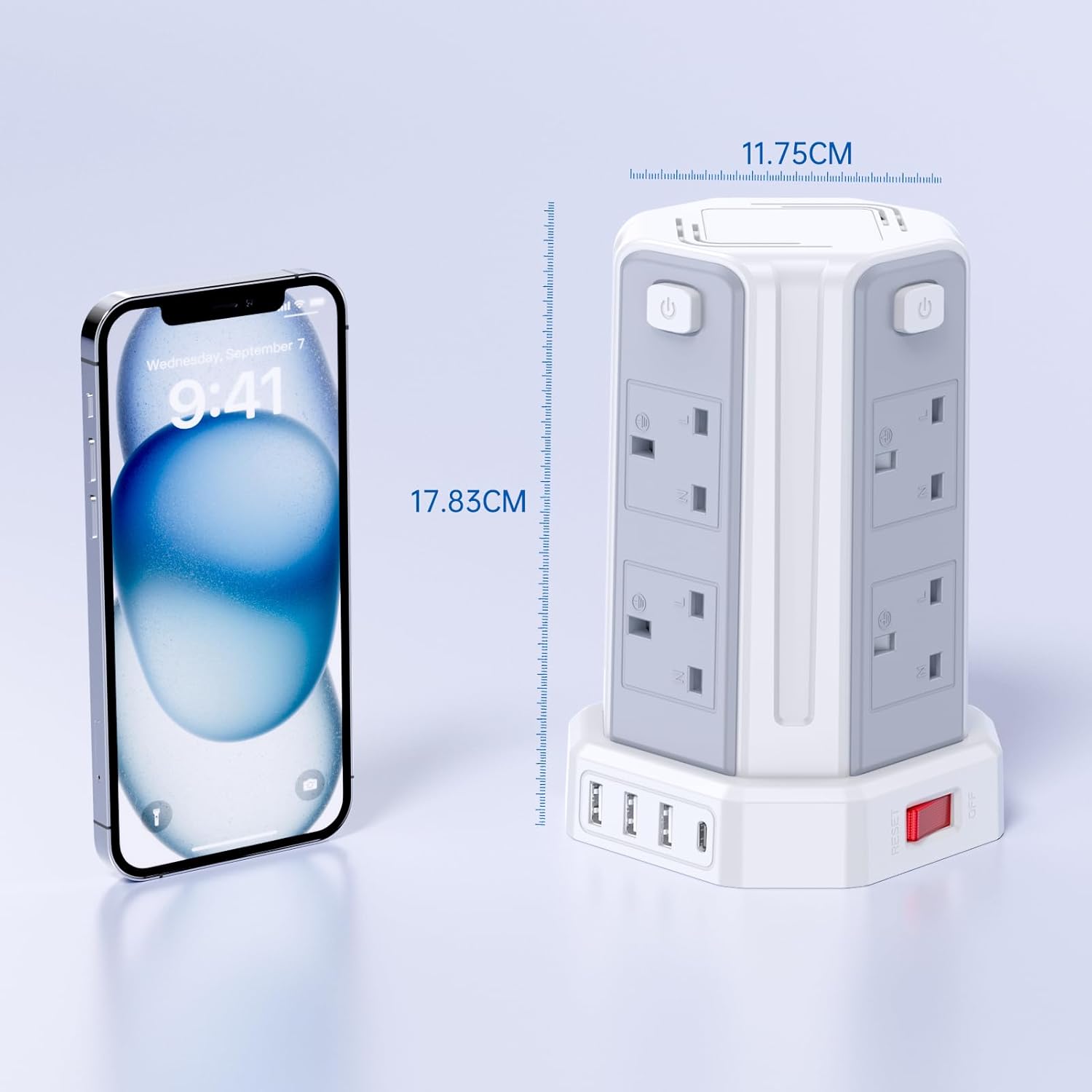 Tower Extension Lead with USB Solts,[13A 3250W] 8 Outlets and 4 USB Charging Ports Surge Protected Power Strip with 3M Long Extension Cord, Tower Charing Station for Home and Office-7