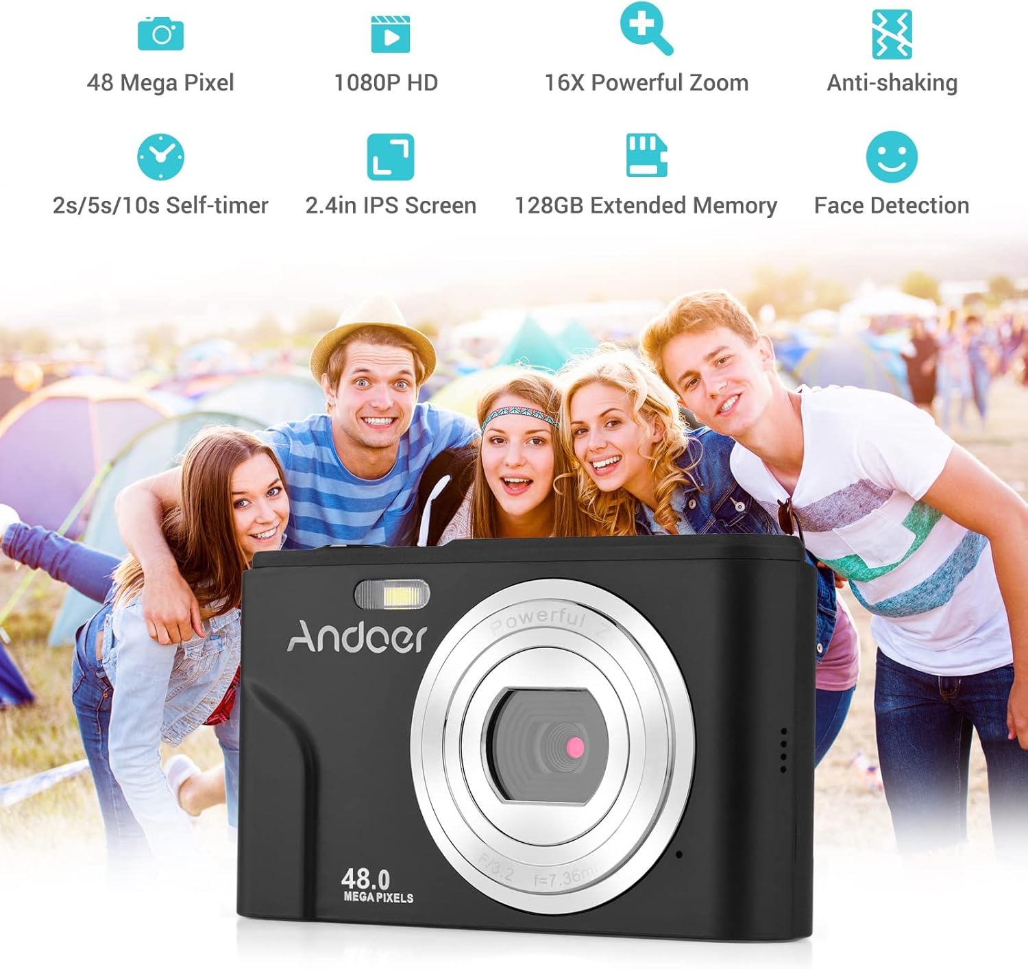 Andoer Portable Digital Camera 48MP 1080P 2.4-inch IPS Screen 16X Zoom Auto Focus Self-Timer 128GB Extended Memory Face Detection Anti-shaking with 2pcs Batteries Hand Strap Carry Pouch-1