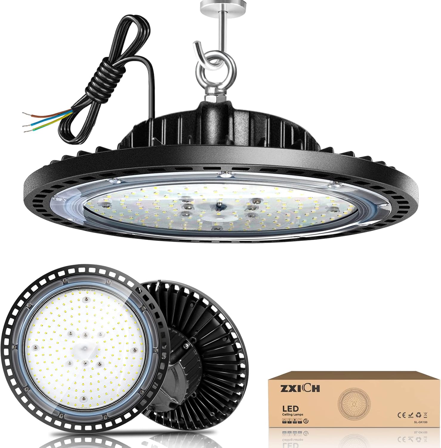 ZXICH Super Bright UFO LED High Bay Light 200W 30000LM (150LM/W) for Shop/Garage/Barn/Warehouse/Factory/Gym, Daylight White 6000K-6500K, Alternative to 400W MH/HPS, 40in Cable, Safe Rope, IP65 (200)-0