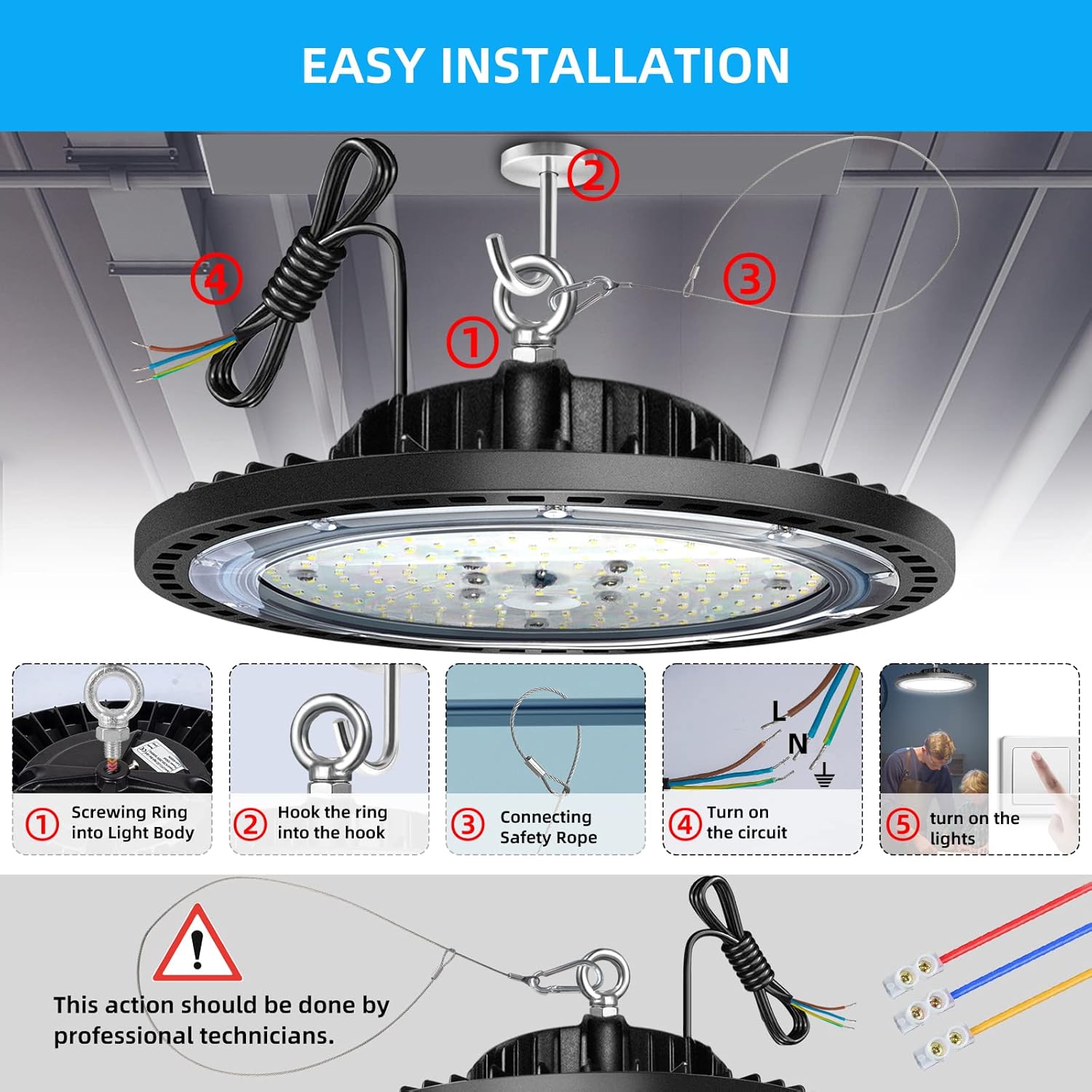 ZXICH Super Bright UFO LED High Bay Light 200W 30000LM (150LM/W) for Shop/Garage/Barn/Warehouse/Factory/Gym, Daylight White 6000K-6500K, Alternative to 400W MH/HPS, 40in Cable, Safe Rope, IP65 (200)-2