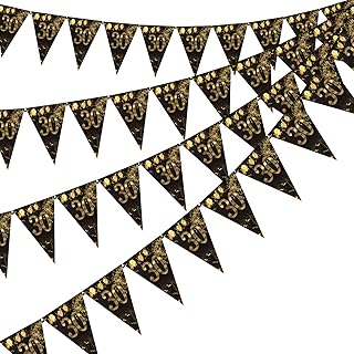 30th Happy Birthday Banner Bunting Flags 40 Pieces Gold and Black Glitter Birthday Anniversary Theme Party Decoration Supplies