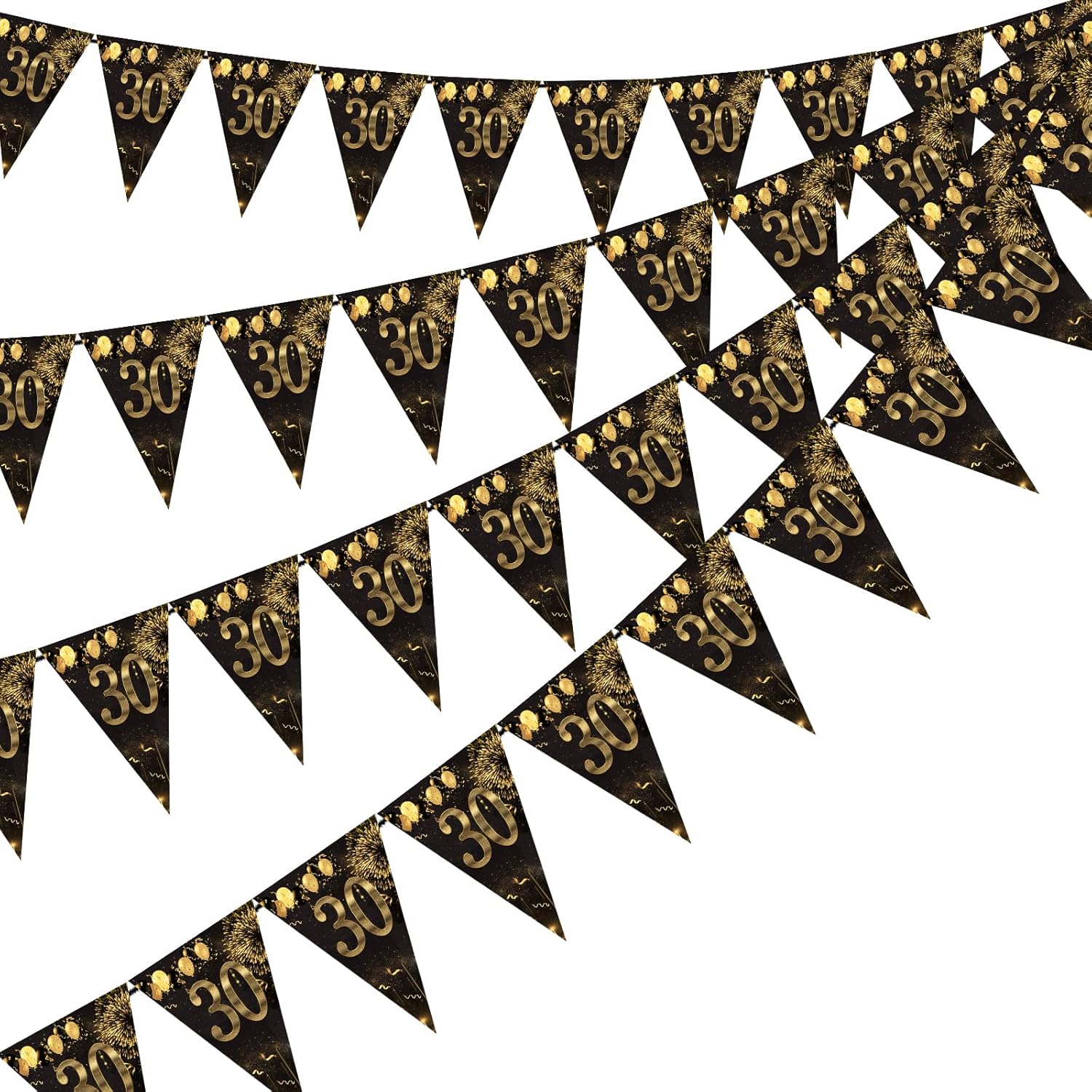 30th Happy Birthday Banner Bunting Flags 40 Pieces Gold and Black Glitter Birthday Anniversary Theme Party Decoration Supplies-0