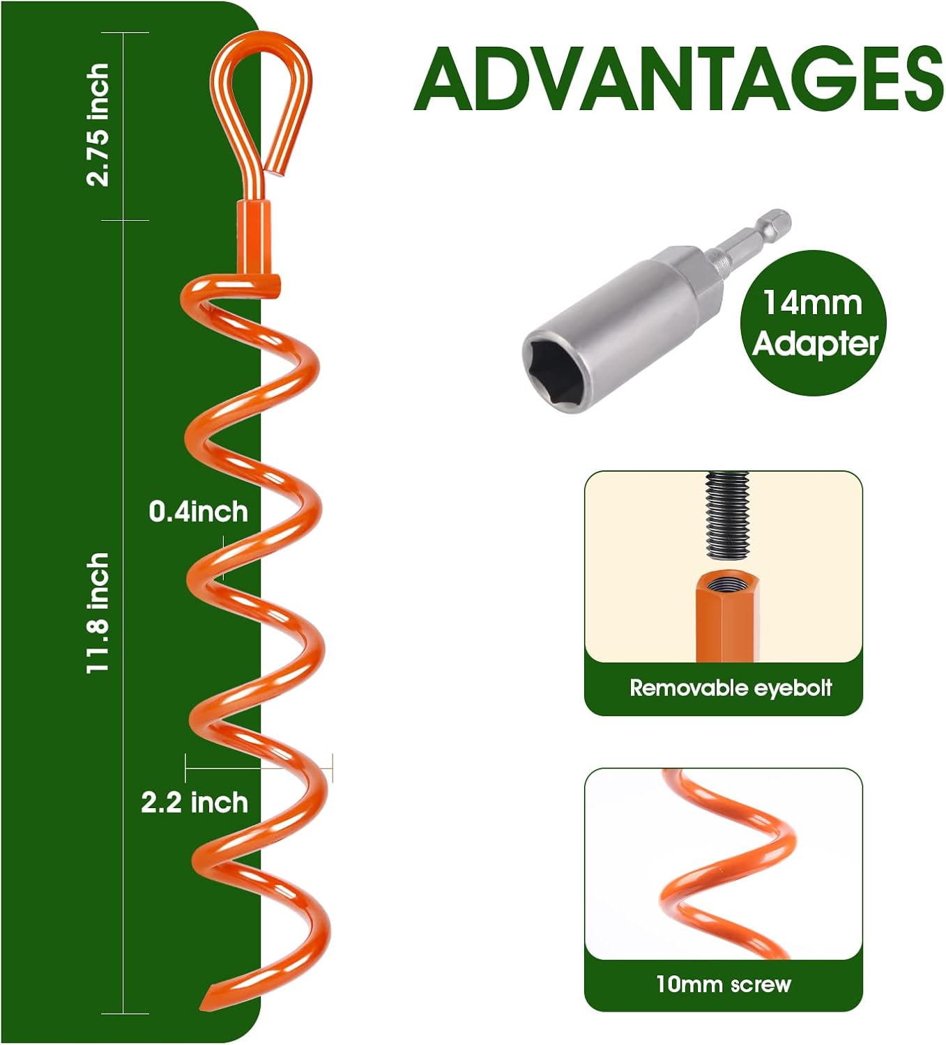 Kamfwert ground anchors with adapter, ground anchors for trampoline, spiral shed anchor kit for securing tents, canopies, tarpaulins, trampolines, swings etc-2