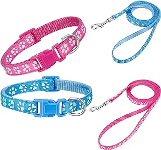 AKlamater 2 Pack Dog Collar and Lead Set, Puppy Collar and Lead Set Quick Release Buckle Adjustable Paw Print Puppy Collar Soft Nylon Pet Collar for Puppy Small Medium Dogs