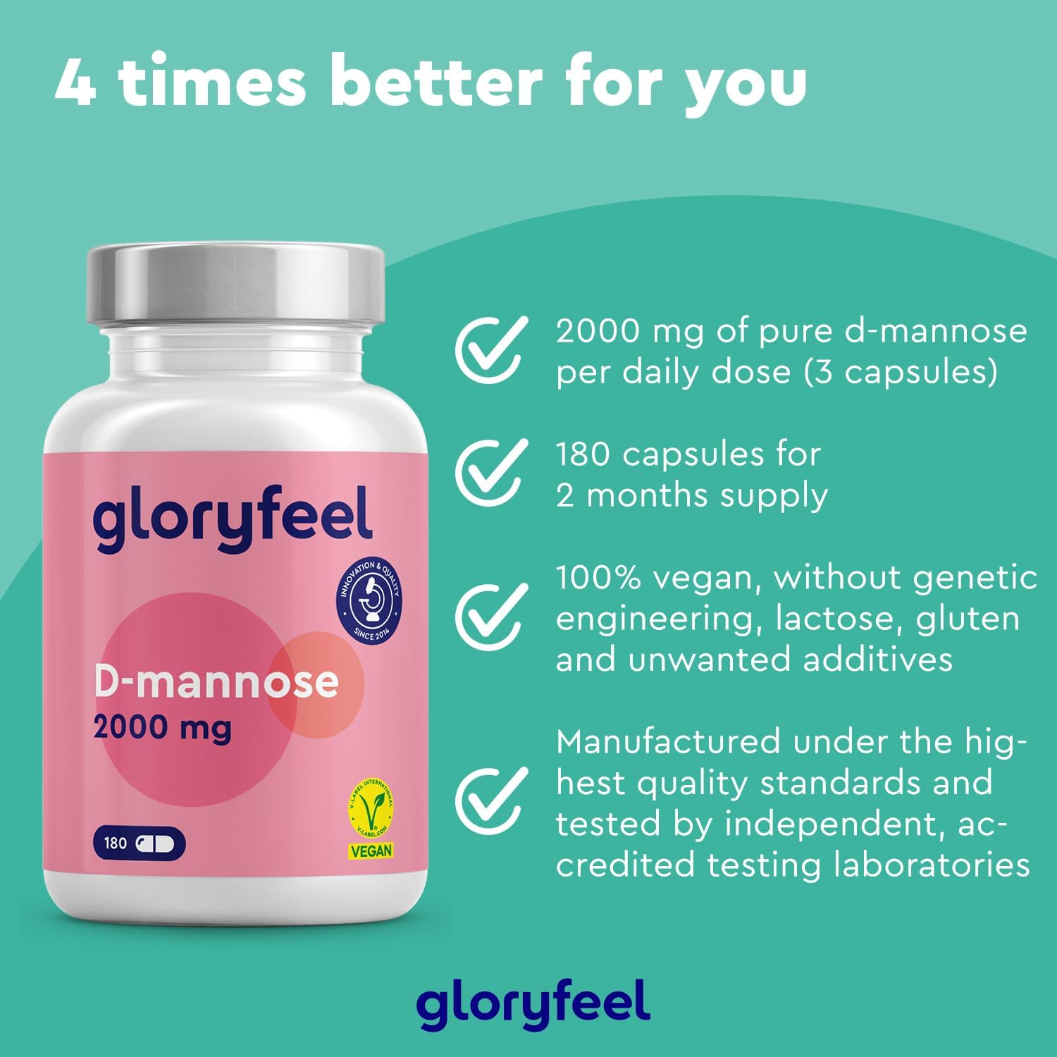 gloryfeel D-Mannose - 2000 mg Pure D-mannose per Daily Portion - 180 Capsules - 100% Vegan, Laboratory-Tested - Supplements Made in Germany-1