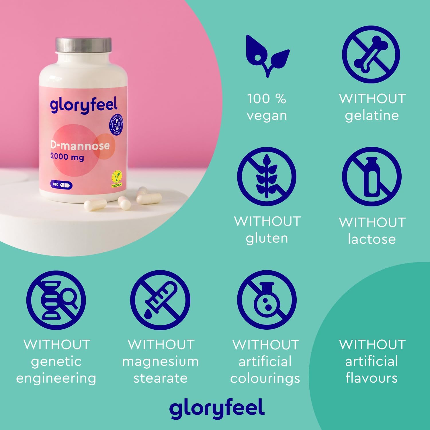 gloryfeel D-Mannose - 2000 mg Pure D-mannose per Daily Portion - 180 Capsules - 100% Vegan, Laboratory-Tested - Supplements Made in Germany-2