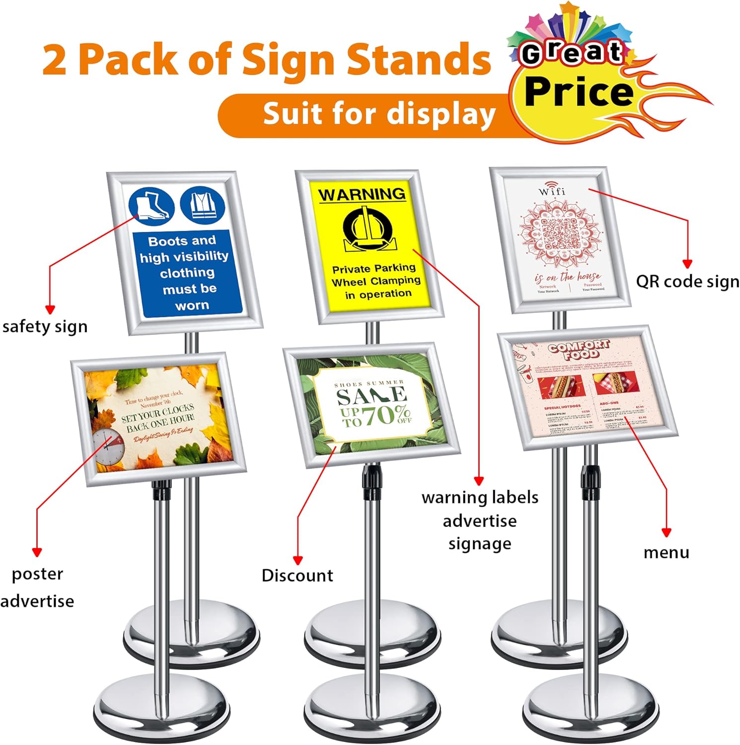 VAIIGO 2Pack Adjustable Sign Stand A4 Aluminum Poster Menu Stand Floor Standing Sign Holder for Signage, Poster, Menu, Ads, Sales, Notice Display Stand Holder (Silver, 2Pack)-1