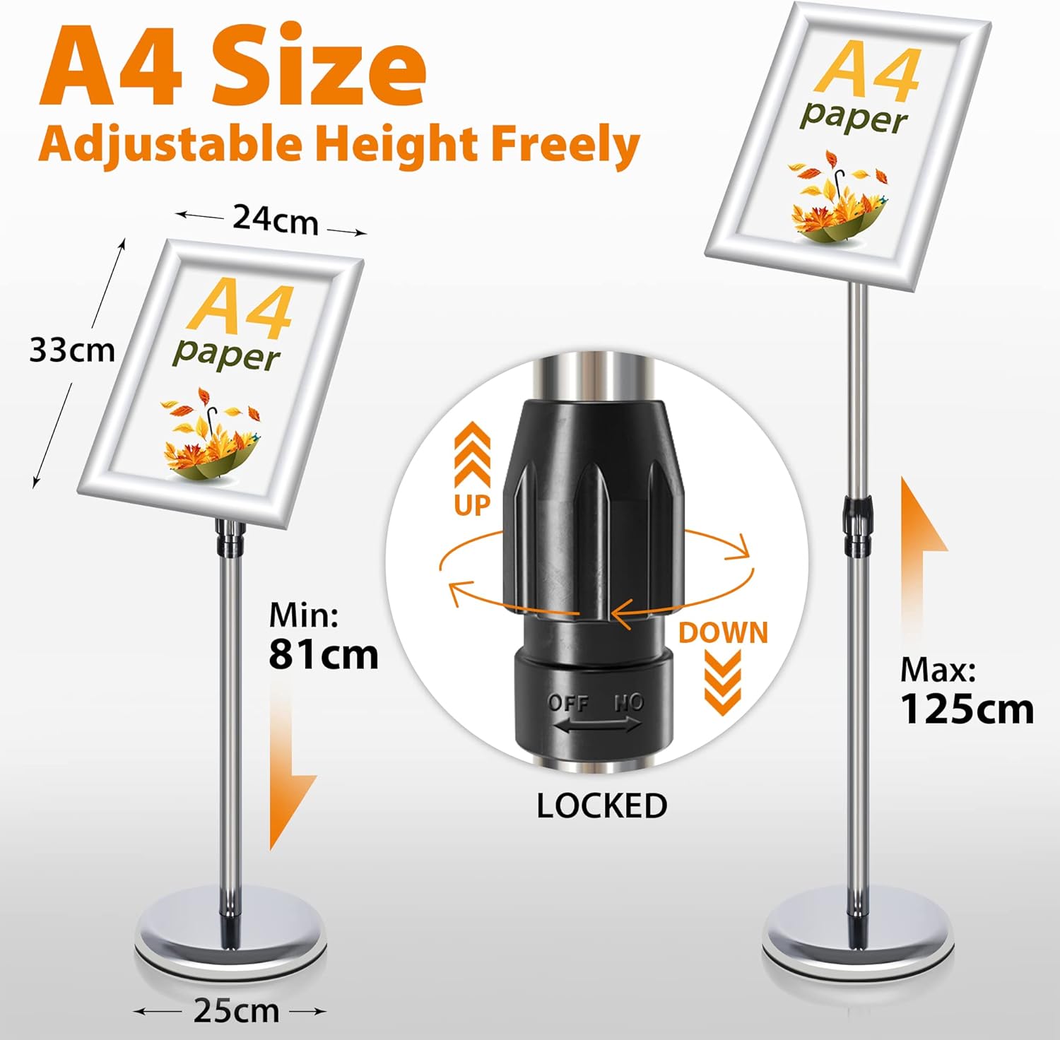 VAIIGO 2Pack Adjustable Sign Stand A4 Aluminum Poster Menu Stand Floor Standing Sign Holder for Signage, Poster, Menu, Ads, Sales, Notice Display Stand Holder (Silver, 2Pack)-2