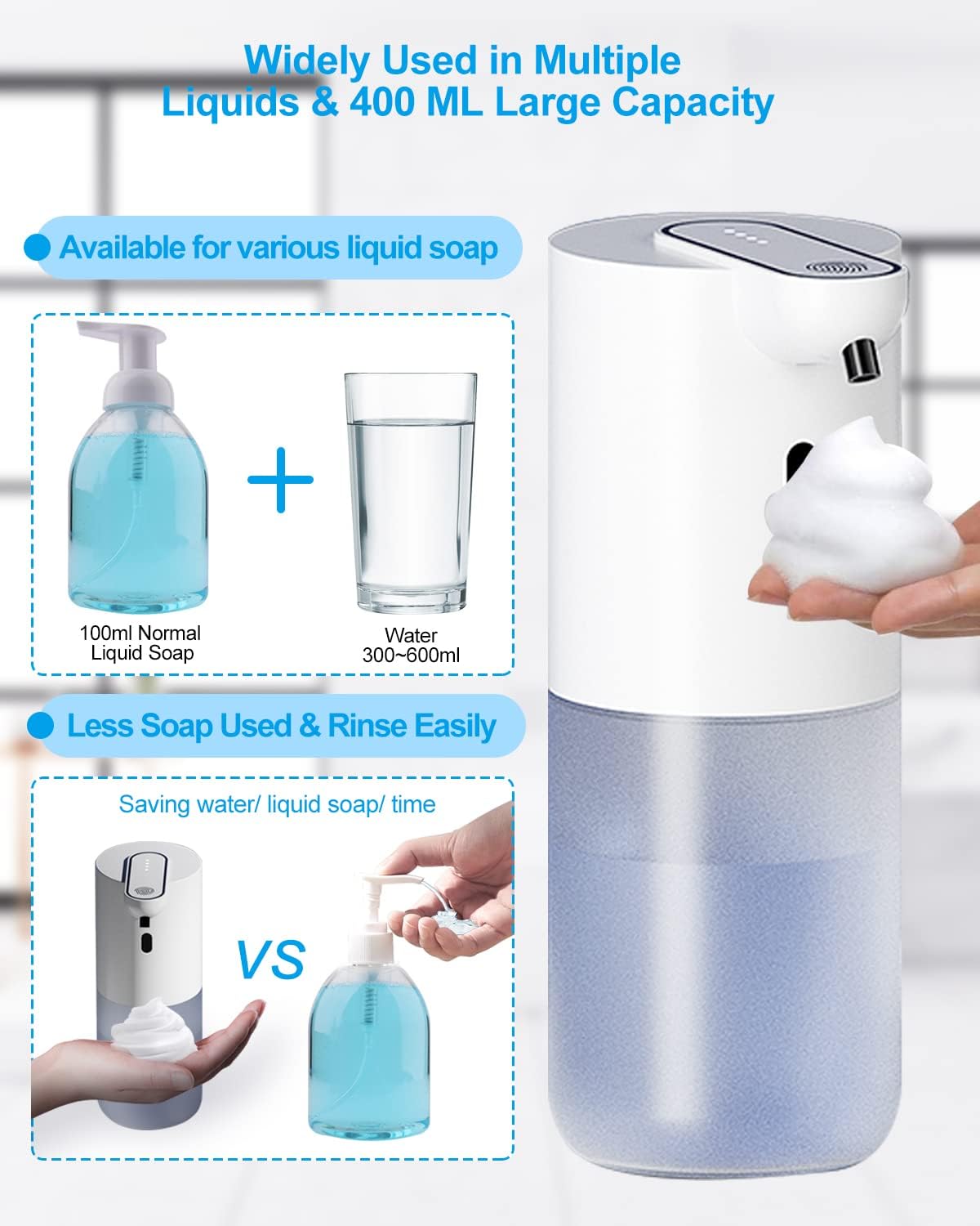 Automatic Soap Dispenser, 400 ML Rechargeable Non-Touch Foam Soap Dispenser with 4 Adjustable Foam Quantity, Electric Soap Dispenser for Wall Mounting with Infrared Motion Sensor - Automatic Cleaning-5