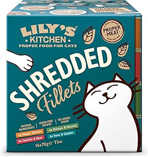 Lily's Kitchen Shredded Fillets Multipack - Grain Free Natural Adult Wet Cat Food - Chicken, Chicken & Mussels, Chicken & Ham, Tuna & Salmon (16 Tins x 70 g)