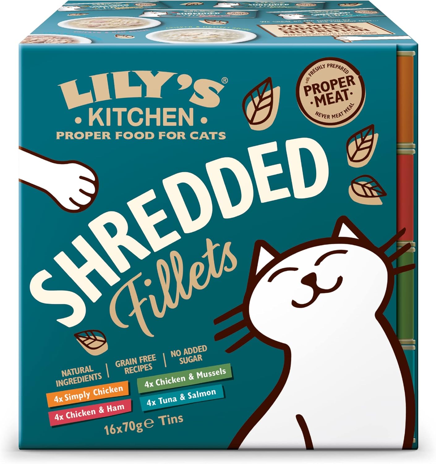 Lily's Kitchen Shredded Fillets Multipack - Grain Free Natural Adult Wet Cat Food - Chicken, Chicken & Mussels, Chicken & Ham, Tuna & Salmon (16 Tins x 70 g)-0