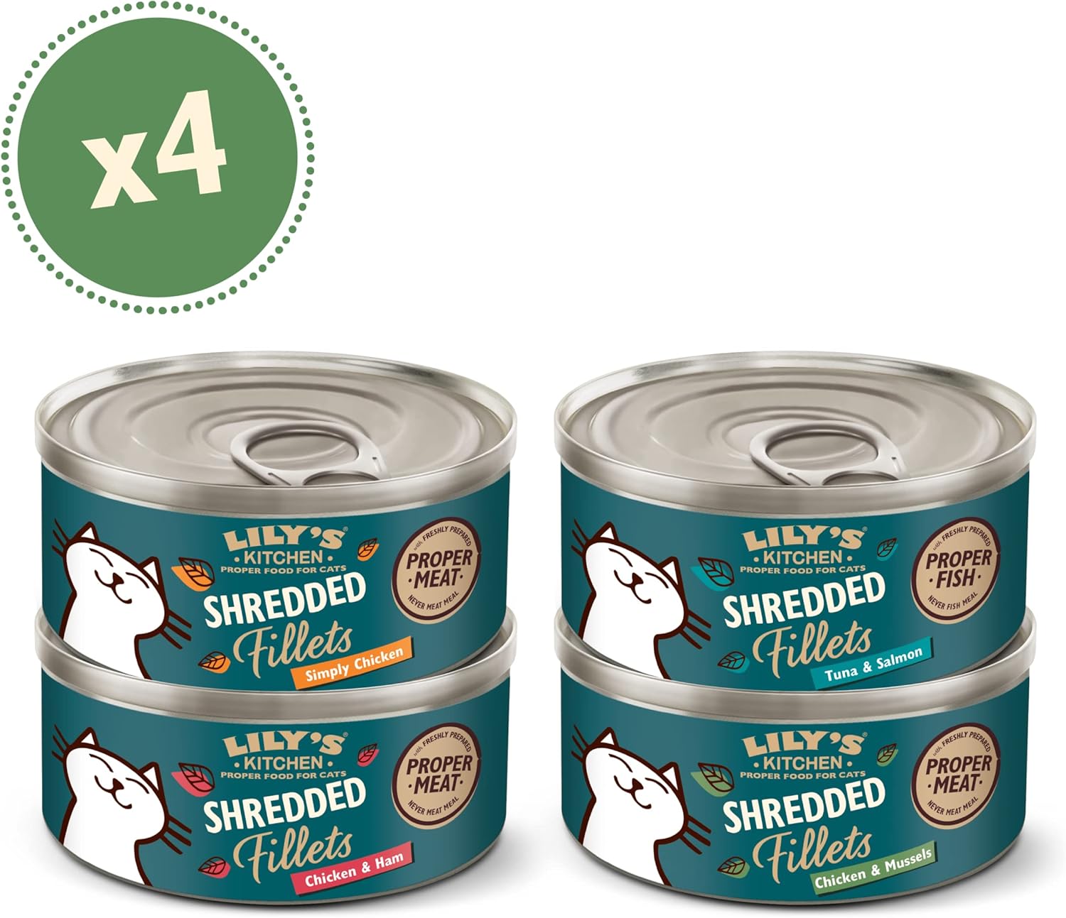 Lily's Kitchen Shredded Fillets Multipack - Grain Free Natural Adult Wet Cat Food - Chicken, Chicken & Mussels, Chicken & Ham, Tuna & Salmon (16 Tins x 70 g)-1