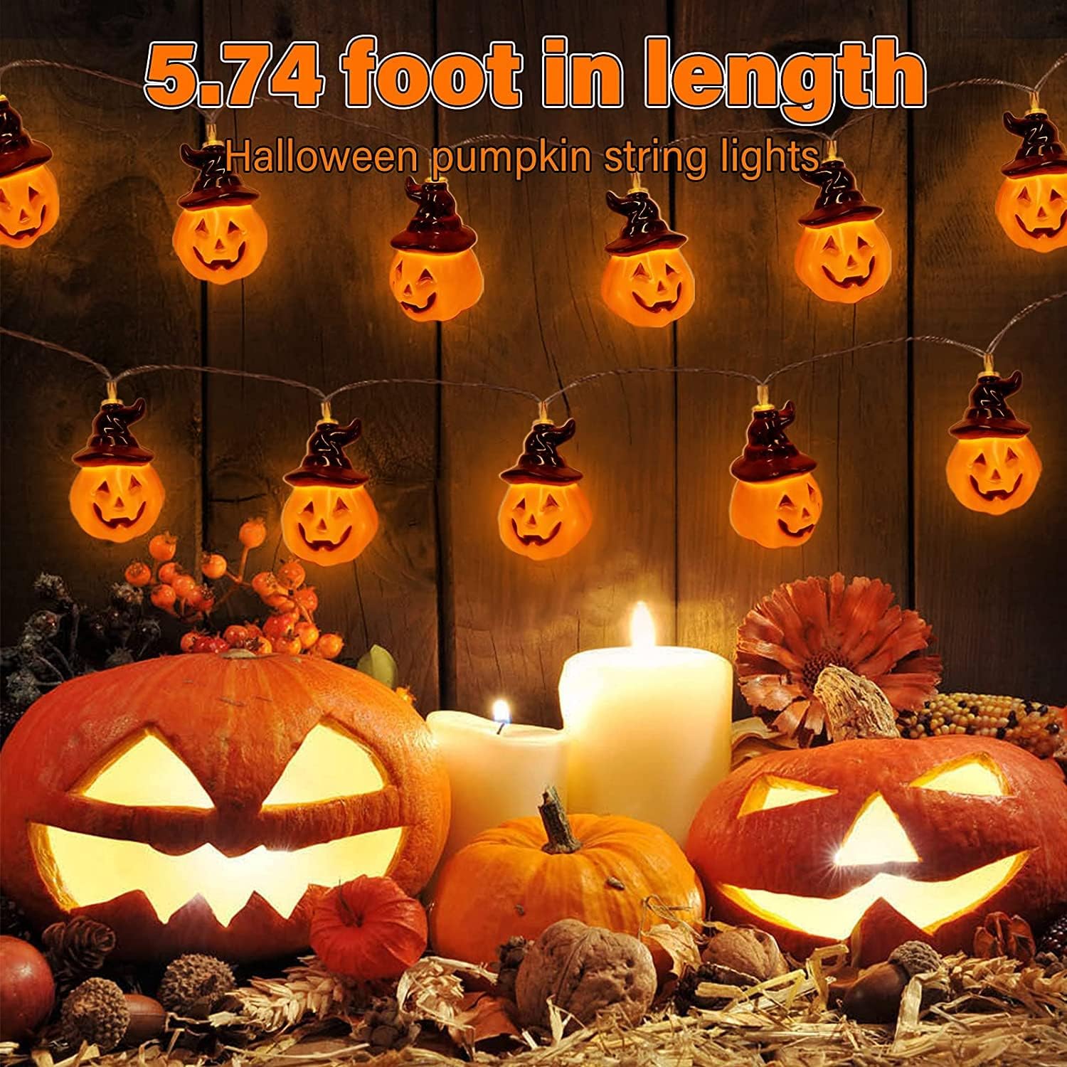 Chipark Halloween Pumpkin Lights with Witches Hat, 15 LED Pumpkin String Lights Battery Operated with 2 Modes Steady/Flashing Lights for Halloween Party Indoor Outdoor Decorations (Orange)