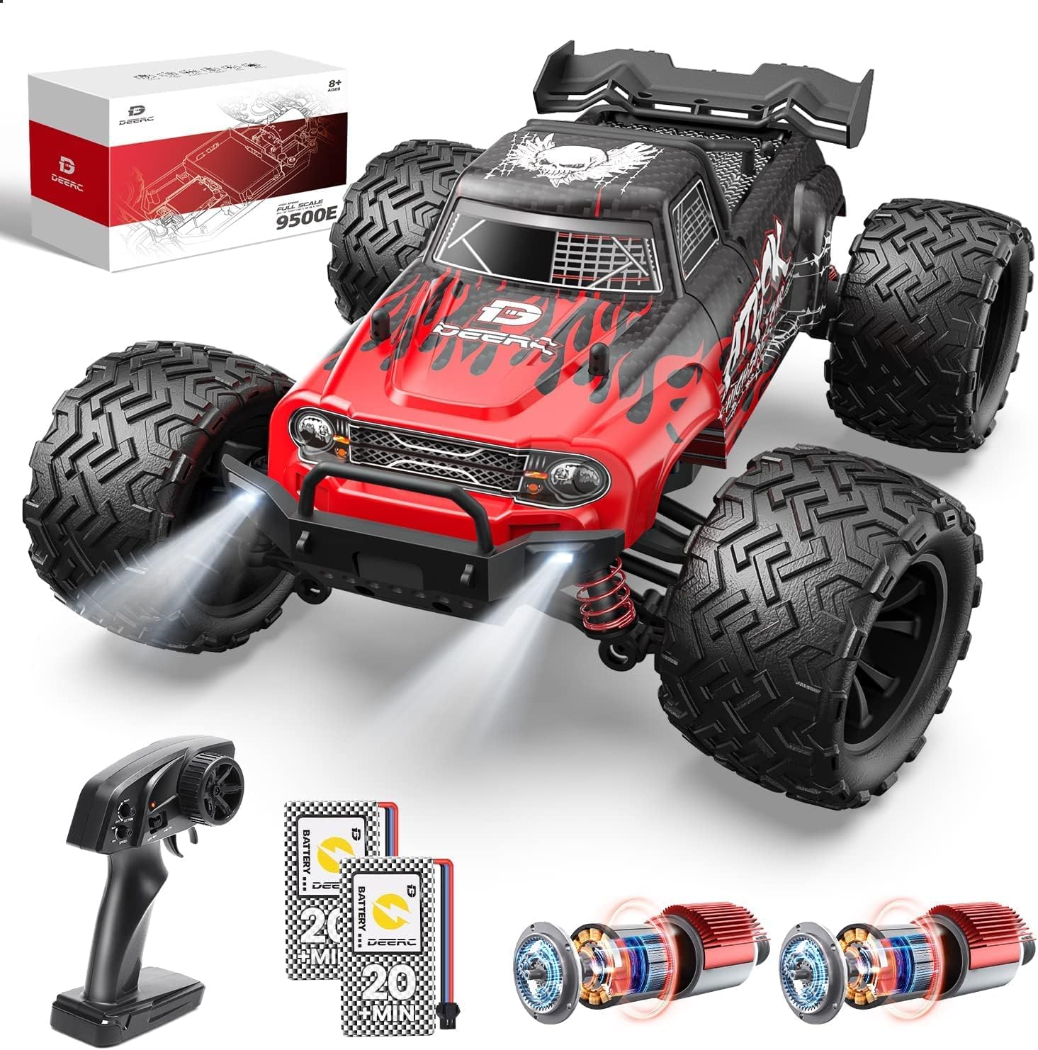 DEERC High Speed Remote Control Cars 25 MPH, 1:16 Scale RC Monster Truck, 4WD All Terrain Off-Road Racing Hobby Car with Lights, 2 Battery for 40 Mins Running, Toy Gift for Adults, Kids-0