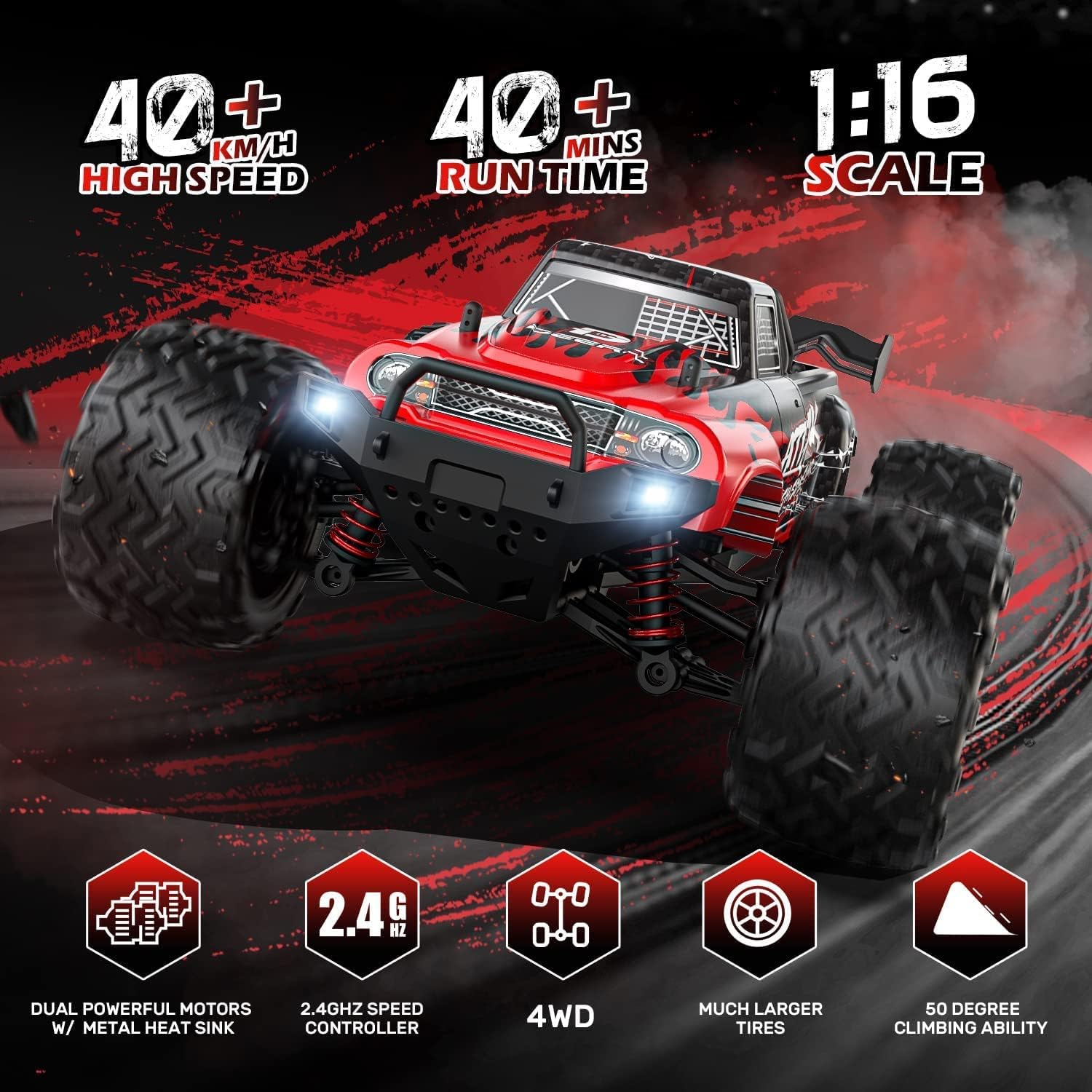 DEERC High Speed Remote Control Cars 25 MPH, 1:16 Scale RC Monster Truck, 4WD All Terrain Off-Road Racing Hobby Car with Lights, 2 Battery for 40 Mins Running, Toy Gift for Adults, Kids-2