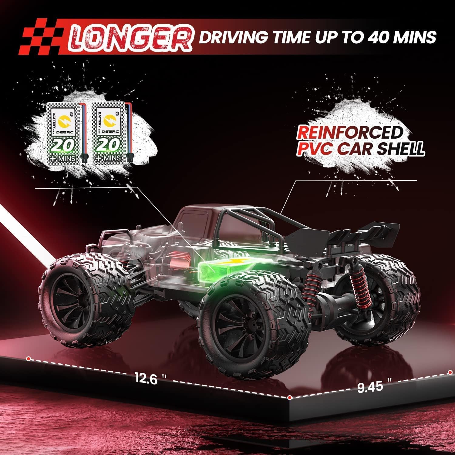 DEERC High Speed Remote Control Cars 25 MPH, 1:16 Scale RC Monster Truck, 4WD All Terrain Off-Road Racing Hobby Car with Lights, 2 Battery for 40 Mins Running, Toy Gift for Adults, Kids-4