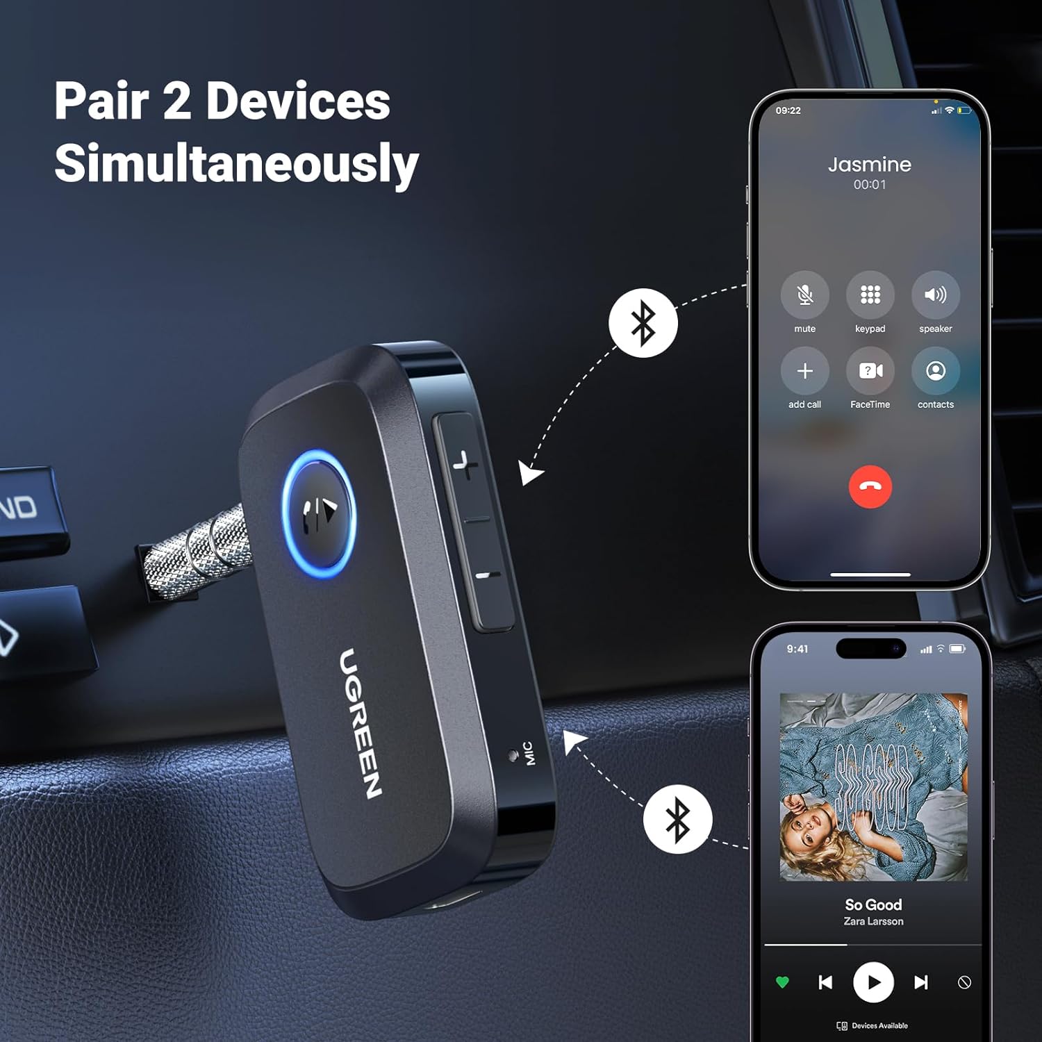 UGREEN Car Bluetooth 5.3 AUX Adapter, Mini Bluetooth 5.3 Receiver for Home Stereo/Speaker/Wired Headphones/Car, Bluetooth Car Receiver AUX, Handsfree Call, Dual Device Connection, 15 Hour Playtime-5