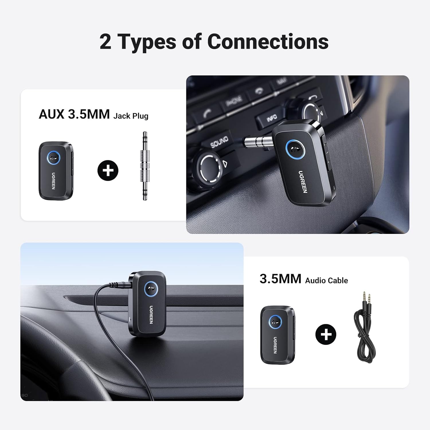 UGREEN Car Bluetooth 5.3 AUX Adapter, Mini Bluetooth 5.3 Receiver for Home Stereo/Speaker/Wired Headphones/Car, Bluetooth Car Receiver AUX, Handsfree Call, Dual Device Connection, 15 Hour Playtime-8