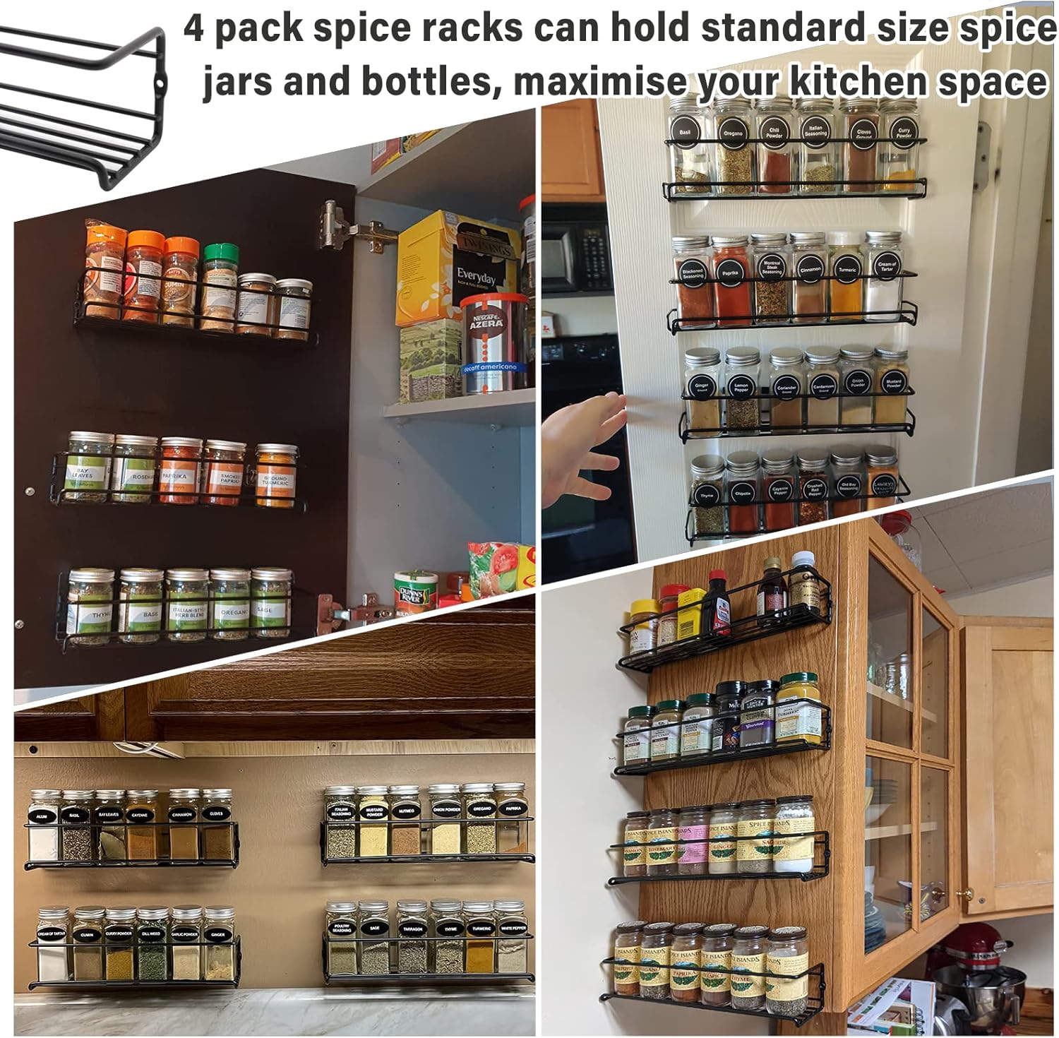 BTGGG Spice Rack for Inside Cupboard 4 Tier Wall Mounted with Adhesive Stickers & Screws, Spice Rack Organiser for Kitchen Wall Pantry Cabinet Door Bathroom, Black-3