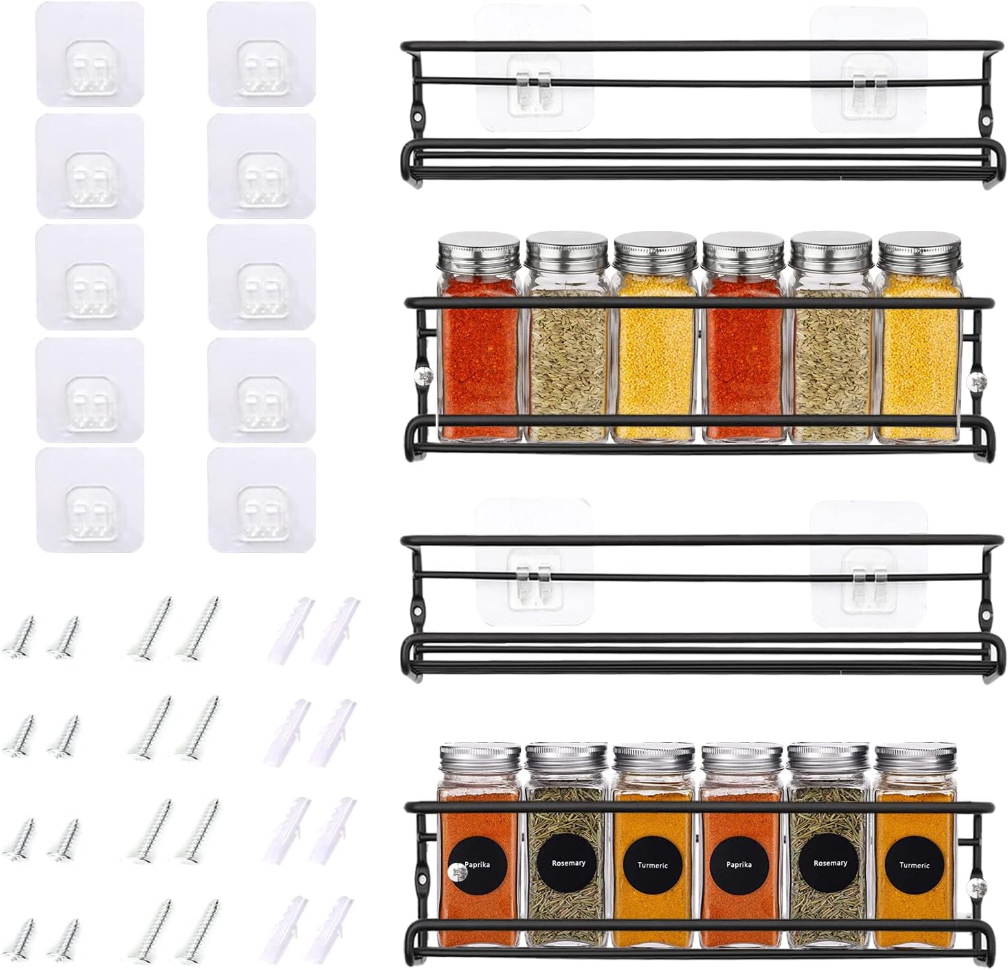 BTGGG Spice Rack for Inside Cupboard 4 Tier Wall Mounted with Adhesive Stickers & Screws, Spice Rack Organiser for Kitchen Wall Pantry Cabinet Door Bathroom, Black-8