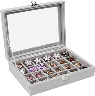 24 Grid Velvet Jewellery Box, Velvet Clear Lid Jewellery Tray Holder Storage Case, Velvet Glass Jewellery Display Organizer Box for Earrings Rings Necklace Bracelets