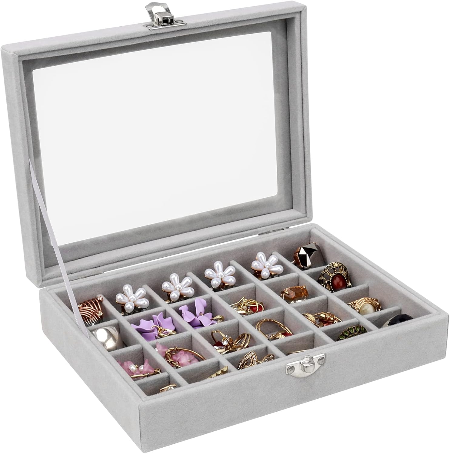 24 Grid Velvet Jewellery Box, Velvet Clear Lid Jewellery Tray Holder Storage Case, Velvet Glass Jewellery Display Organizer Box for Earrings Rings Necklace Bracelets-0