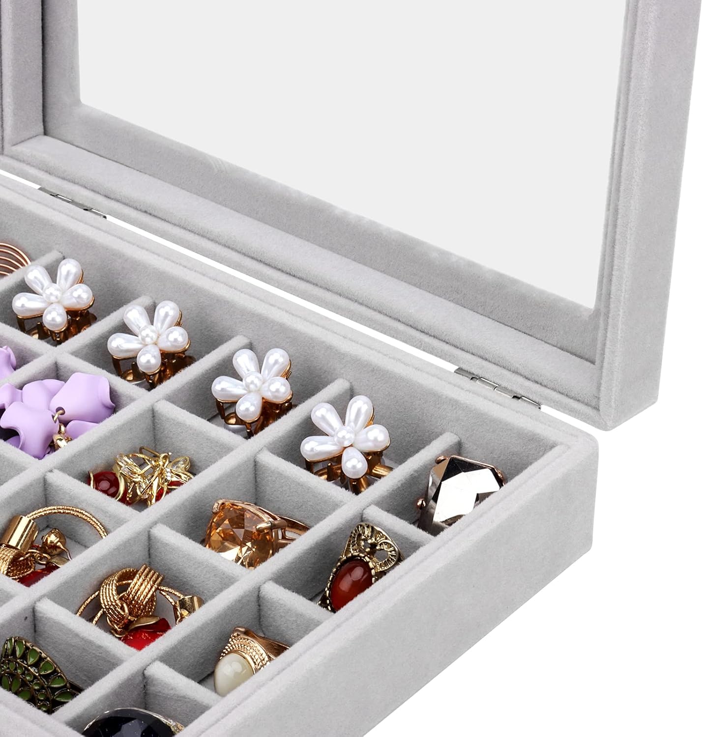 24 Grid Velvet Jewellery Box, Velvet Clear Lid Jewellery Tray Holder Storage Case, Velvet Glass Jewellery Display Organizer Box for Earrings Rings Necklace Bracelets-2