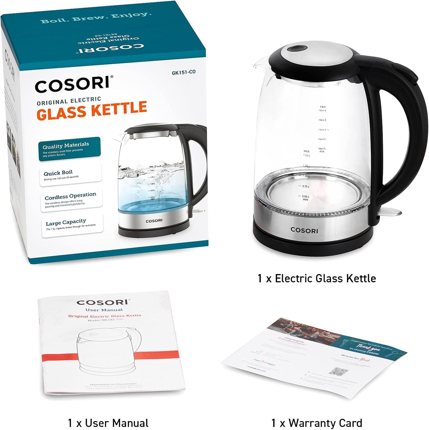 COSORI Electric Kettle Glass, Fast Boil Quiet, 3000W 1.5L with Blue LED, Stainless Steel Filter, Boil-Dry Protection, Black, BPA Free-10