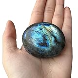 Labradorite Healing Stones, Natural Palm Stone, Healing Crystals Polished Gemstone Irregular Banded Pocket Worry Stones with Energy - Large Size Reiki Crystal Used for Intuition with a Bag