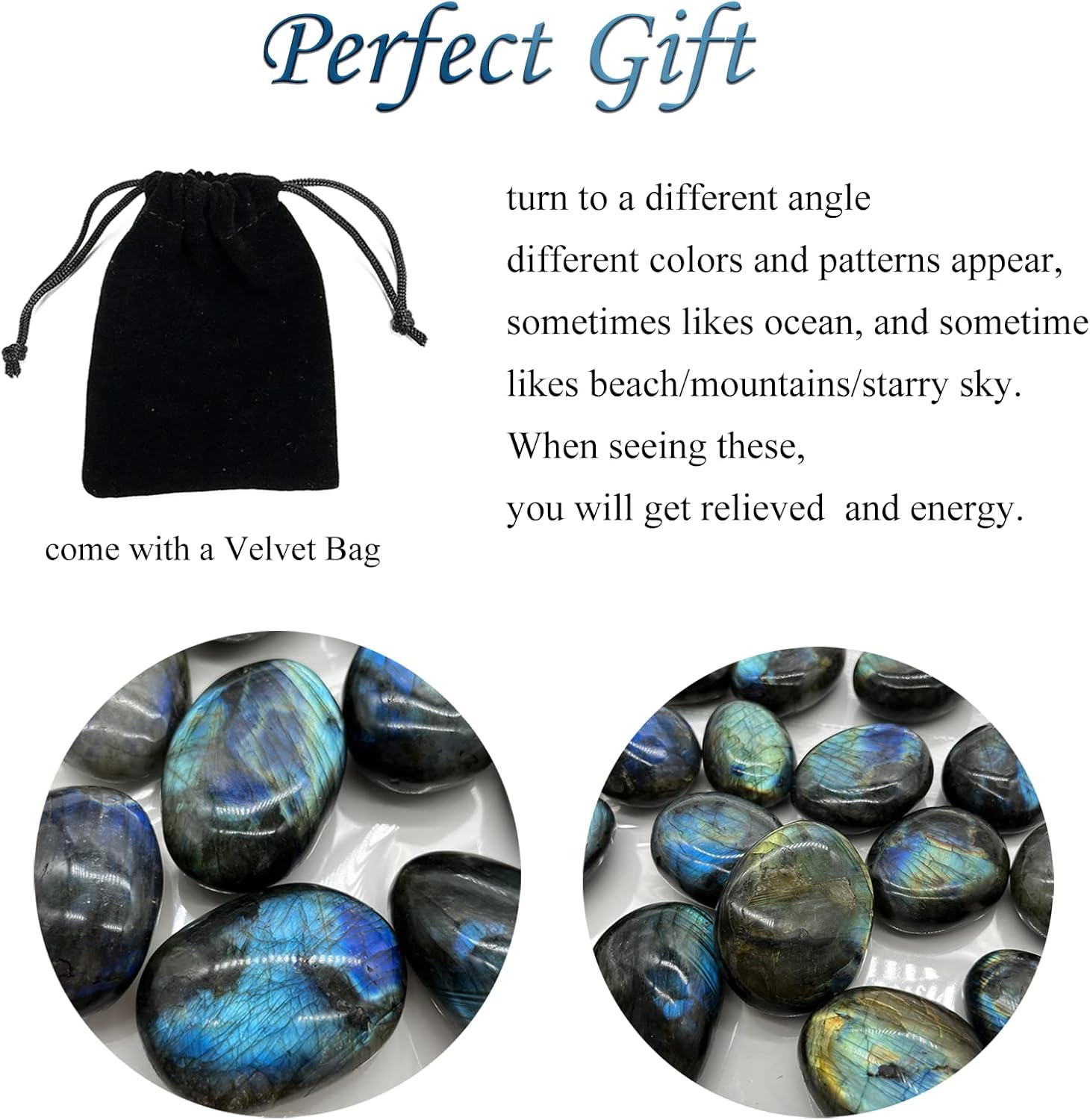 Labradorite Healing Stones, Natural Palm Stone, Healing Crystals Polished Gemstone Irregular Banded Pocket Worry Stones with Energy - Large Size Reiki Crystal Used for Intuition with a Bag-5