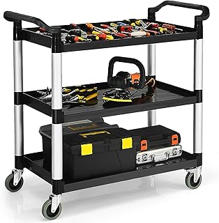 TANGZON 3 Tier Service Cart, Rolling Tool Trolley with Locking Wheels & 2 Handles, Utility Trolley Cart for Workshop Garage, 150KG Load Capacity (103 x 49 x 98cm, Aluminum+PP, Black+Silver)