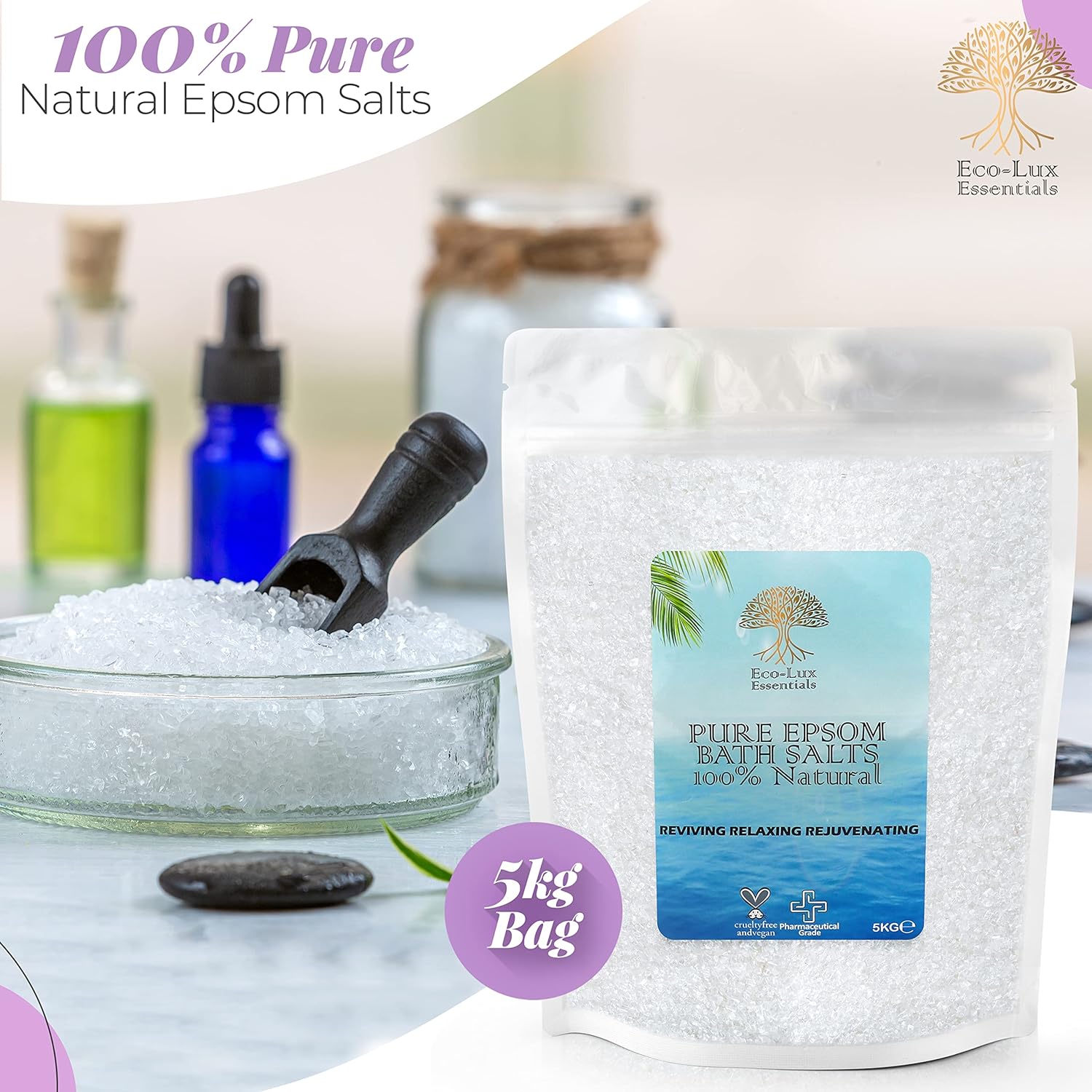 Eco Lux UK 5KG Epsom Salts Premium 100% Pure Natural (Food Grade) Magnesium Sulphate Bath Soak Relieving Sore Muscles, Rejuvenating, Relaxing, Supports Sleep, Calming Therapy (5KG)-2