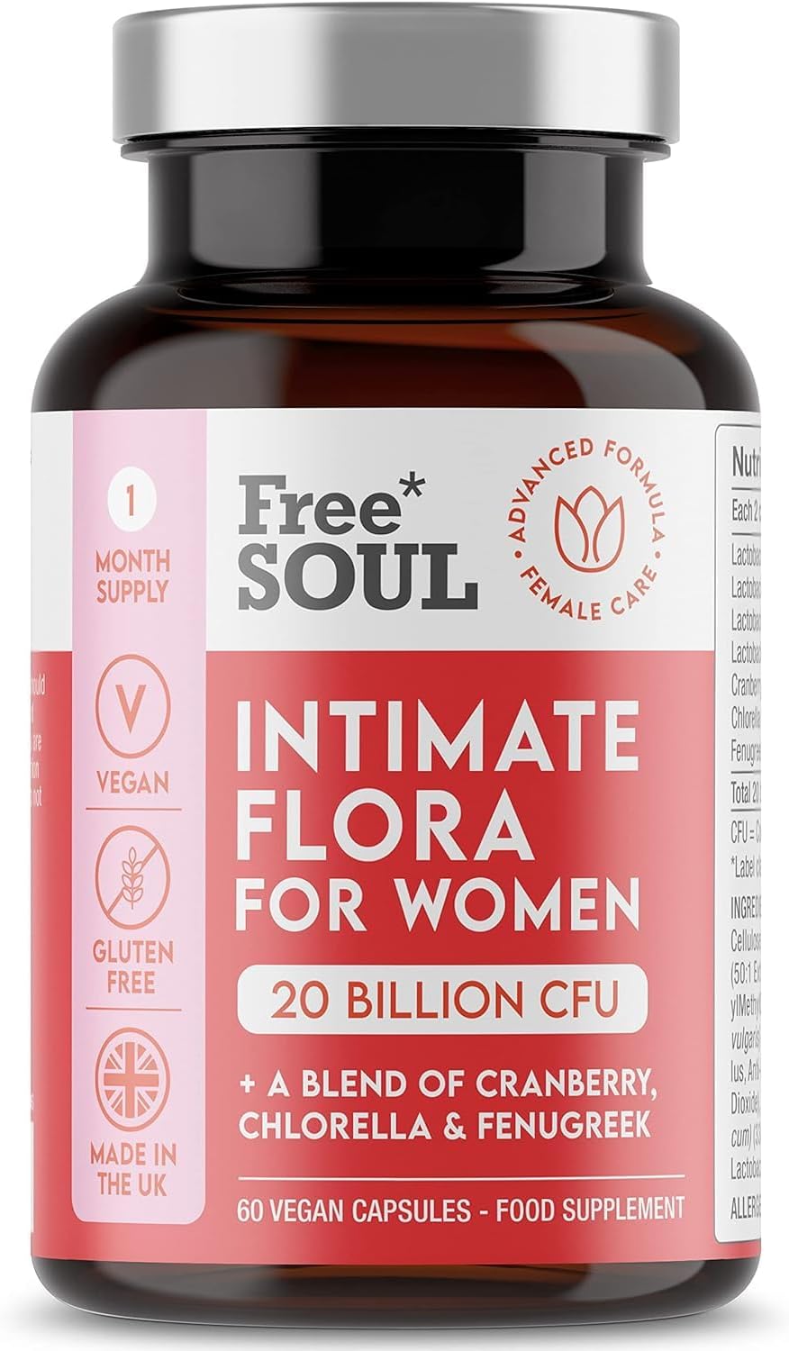 Probiotics for Women – 20 Billion CFU Fortified with 15,000mg Cranberry, Fenugreek & Chlorella – Bio Cultures for Women's Intimate Flora – Vegan Probiotics for Gut Health – 60 Capsules – Free Soul-0