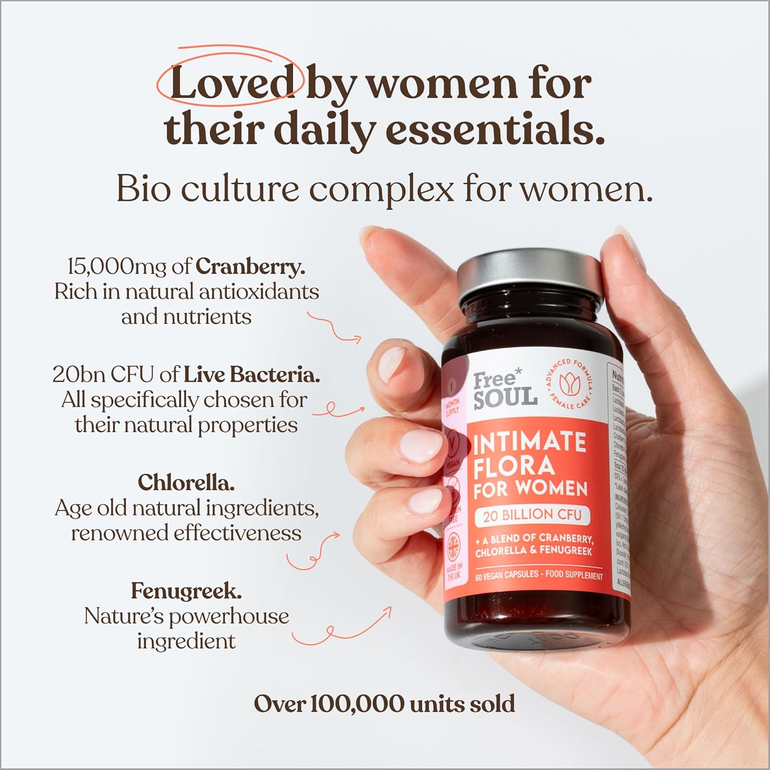 Probiotics for Women – 20 Billion CFU Fortified with 15,000mg Cranberry, Fenugreek & Chlorella – Bio Cultures for Women's Intimate Flora – Vegan Probiotics for Gut Health – 60 Capsules – Free Soul-1