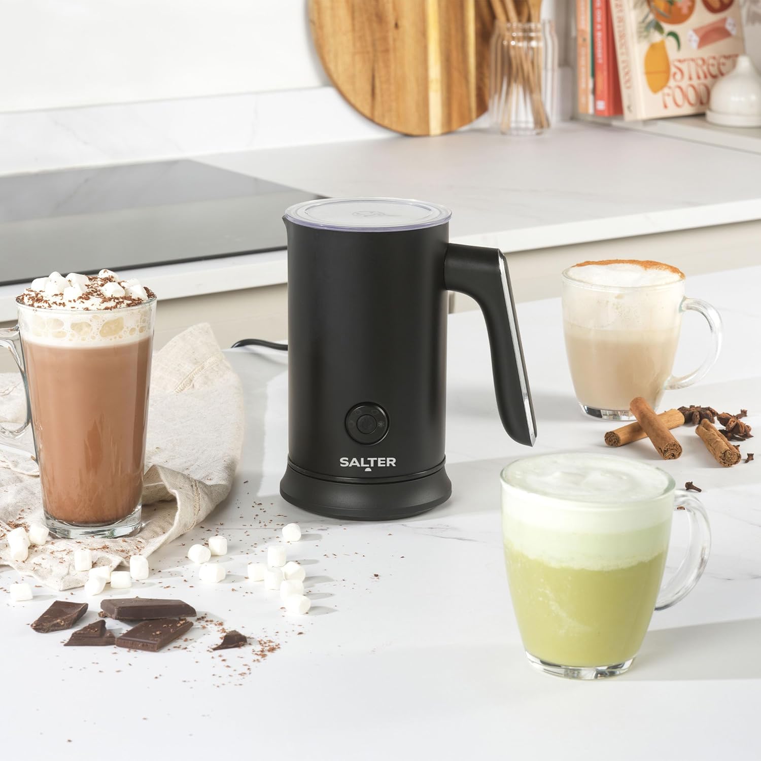 Salter Chocolatier Hot Chocolate Maker - 4-In-1 Automatic Milk Frother, Hot & Cold Milk Heater and Foamer, 240ml/115ml, 500W, Cordless, LED Control Panel, For Coffee, Iced Latte, Cappuccino, EK5134-1