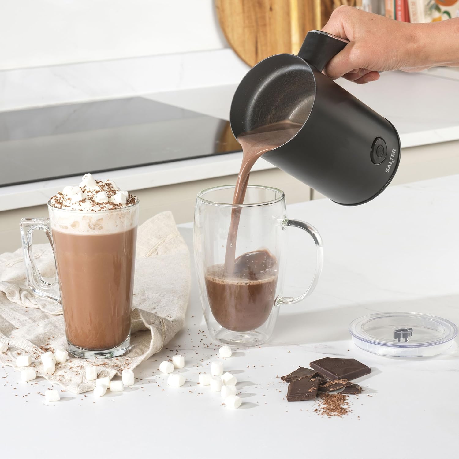 Salter Chocolatier Hot Chocolate Maker - 4-In-1 Automatic Milk Frother, Hot & Cold Milk Heater and Foamer, 240ml/115ml, 500W, Cordless, LED Control Panel, For Coffee, Iced Latte, Cappuccino, EK5134-3