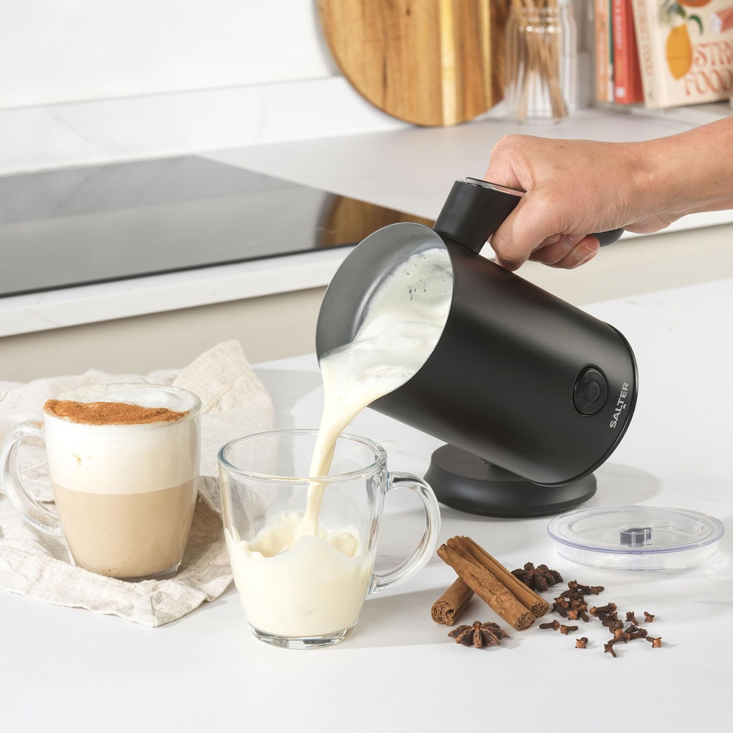 Salter Chocolatier Hot Chocolate Maker - 4-In-1 Automatic Milk Frother, Hot & Cold Milk Heater and Foamer, 240ml/115ml, 500W, Cordless, LED Control Panel, For Coffee, Iced Latte, Cappuccino, EK5134-4