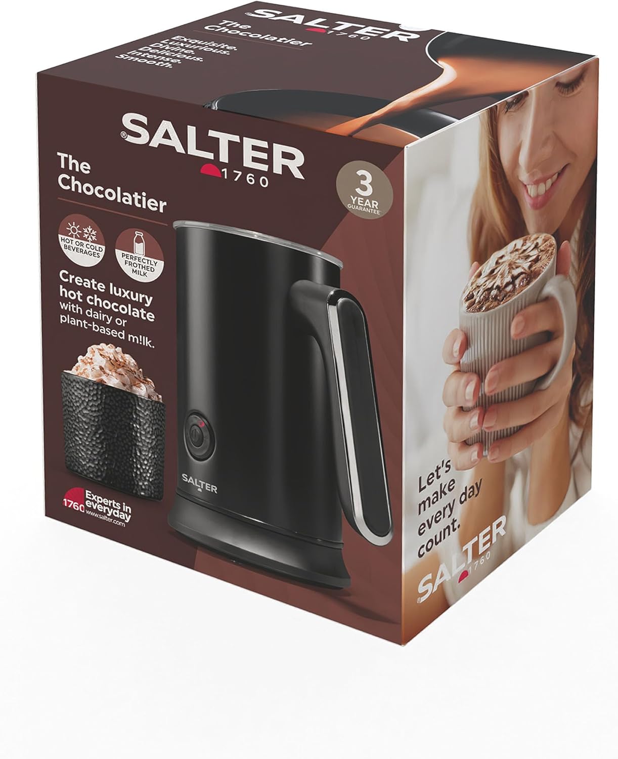 Salter Chocolatier Hot Chocolate Maker - 4-In-1 Automatic Milk Frother, Hot & Cold Milk Heater and Foamer, 240ml/115ml, 500W, Cordless, LED Control Panel, For Coffee, Iced Latte, Cappuccino, EK5134-6