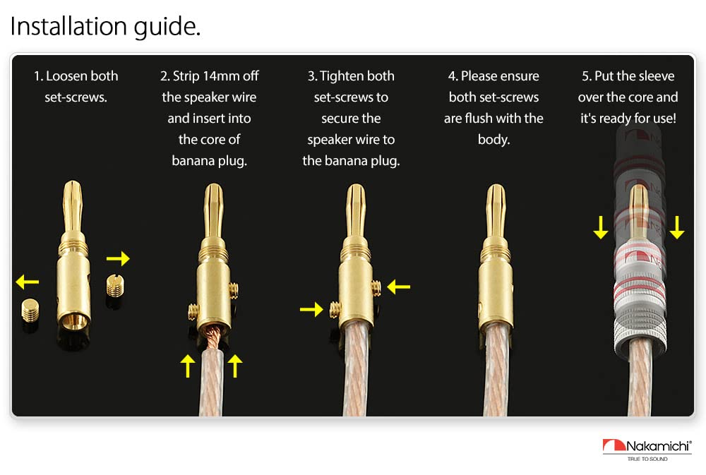 Nakamichi Excel Series 24k Gold Plated Banana Plug 12 AWG - 18 AWG Gauge Size 4mm for Speakers Amplifier Hi-Fi AV Receiver Stereo Home Theatre Audio Wire Cable Screw Connector 10 Pcs (5-Pairs)-4