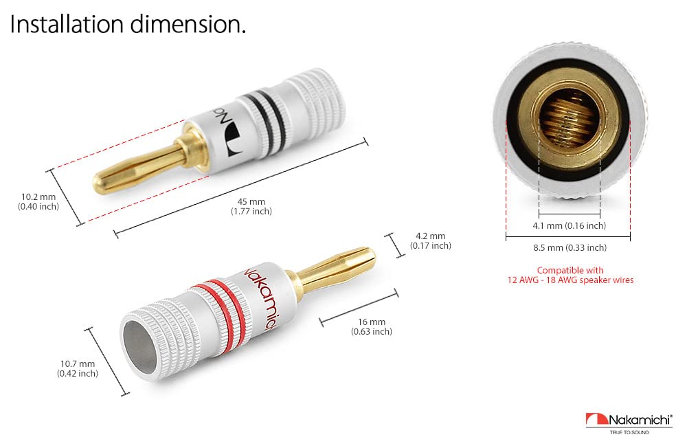 Nakamichi Excel Series 24k Gold Plated Banana Plug 12 AWG - 18 AWG Gauge Size 4mm for Speakers Amplifier Hi-Fi AV Receiver Stereo Home Theatre Audio Wire Cable Screw Connector 10 Pcs (5-Pairs)-5