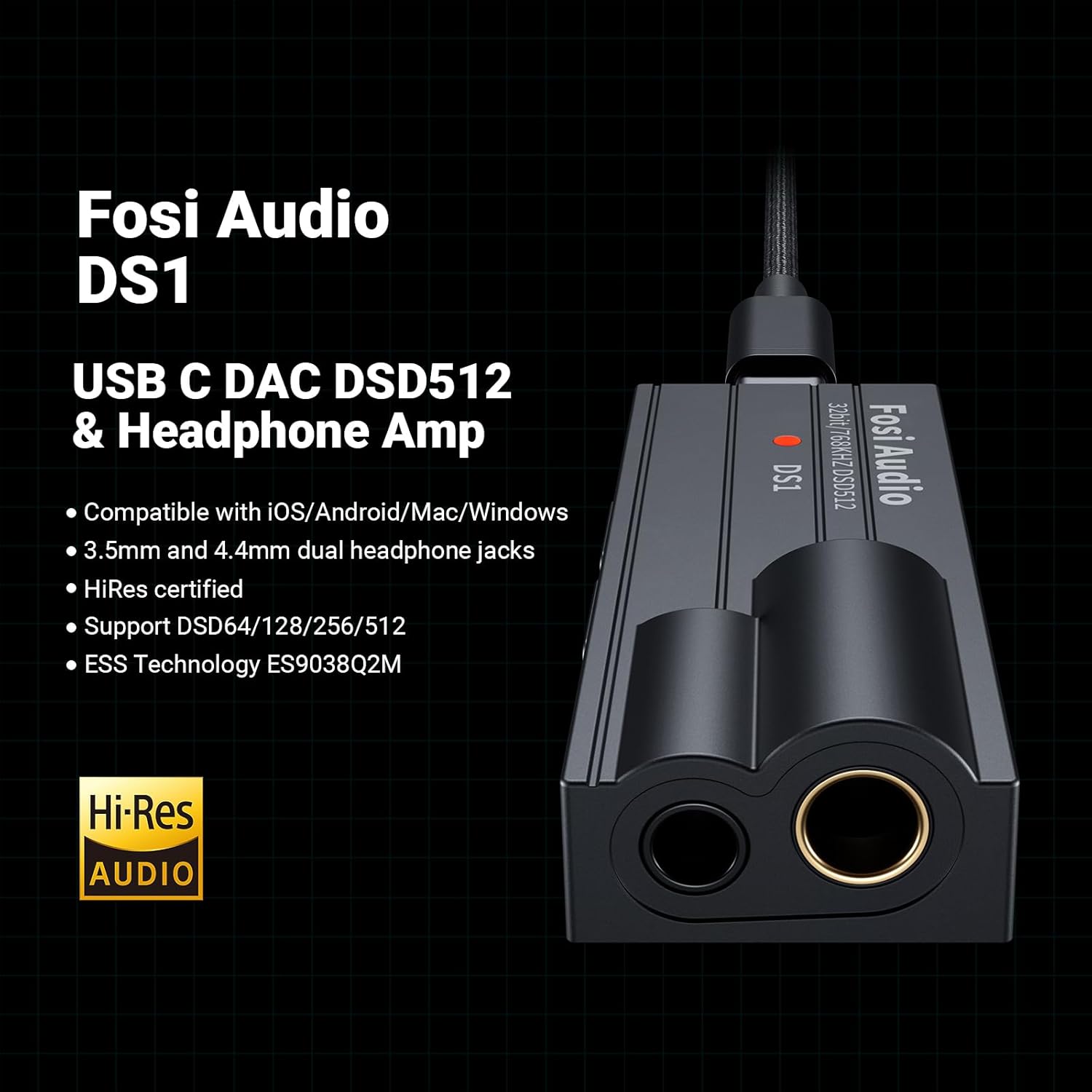 Fosi Audio DS1 Portable DAC Headphone Amplifier with ES9038Q2M Chip, Supports PCM 32-bit/768kHz & DSD512, 3.5mm & 4.4mm Outputs for Hi-Fi Audio, USB DAC Amp for Headphones-1