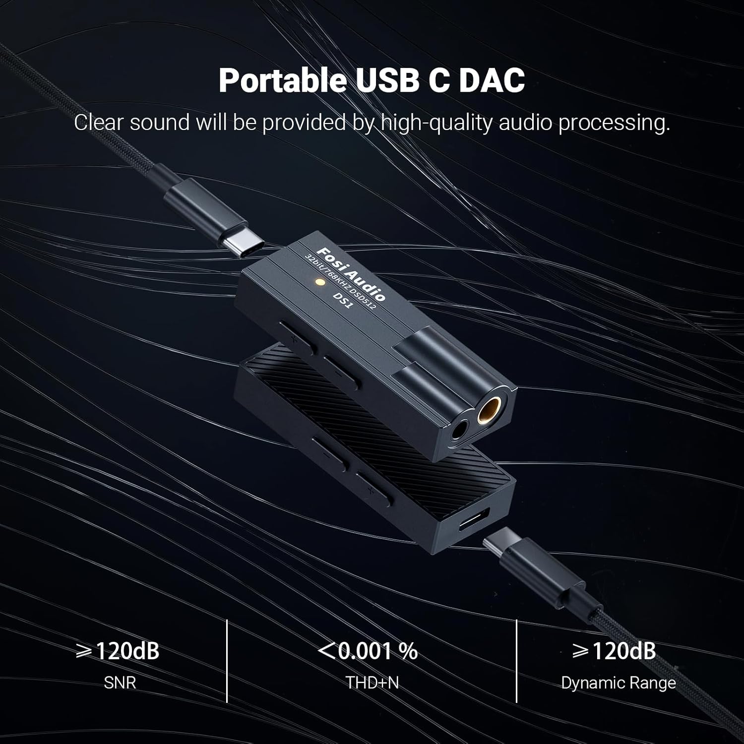 Fosi Audio DS1 Portable DAC Headphone Amplifier with ES9038Q2M Chip, Supports PCM 32-bit/768kHz & DSD512, 3.5mm & 4.4mm Outputs for Hi-Fi Audio, USB DAC Amp for Headphones-2