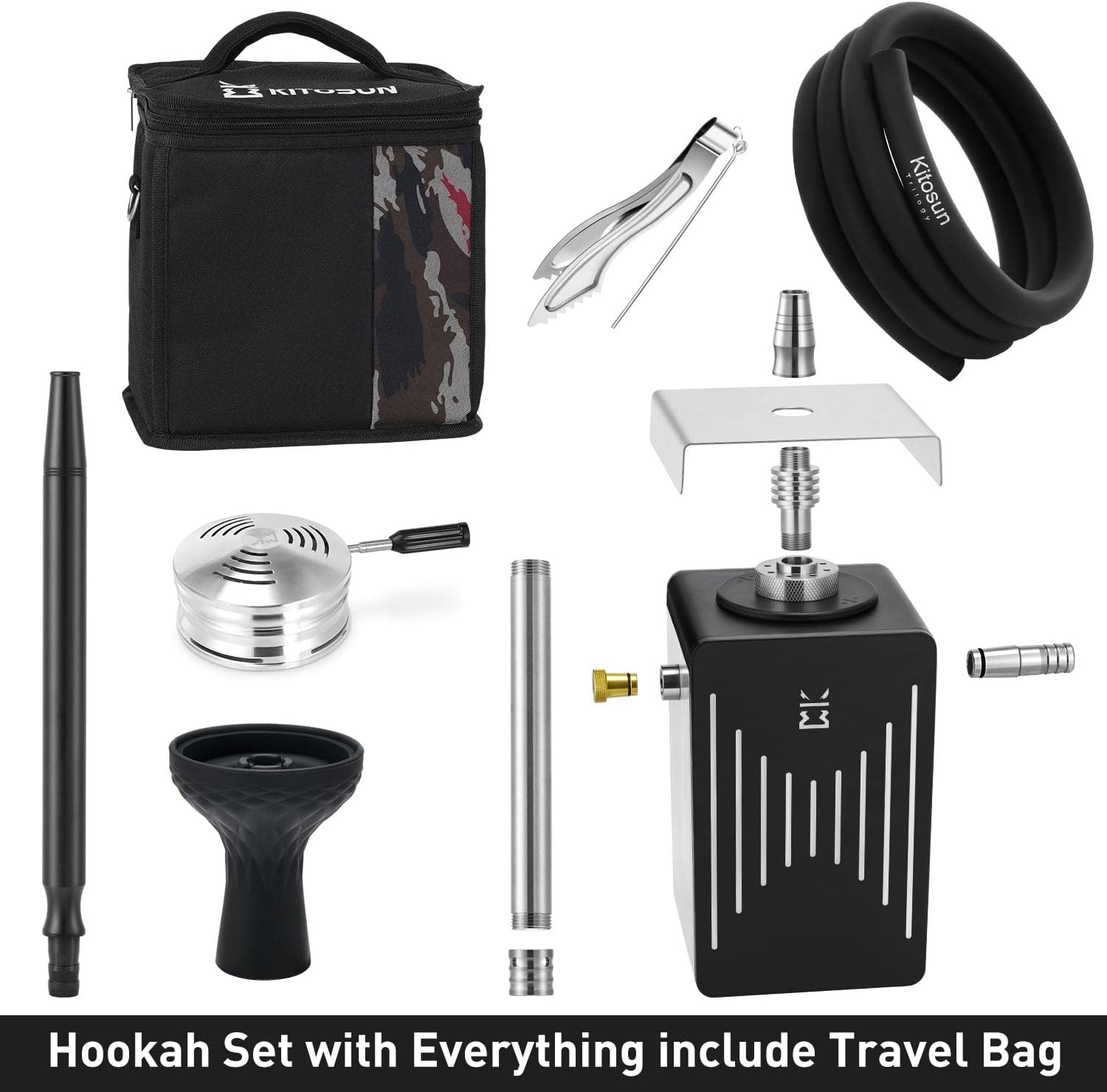 Complete Shisha Set with Everything - Kitosun Neno-Mobile Portable Travel Shisha Includes Smokebox HMD, Phunnel Head Mouthpiece Ashtray Magic LED Light and Tongs Support 2 Hoses (Aluminum)-2