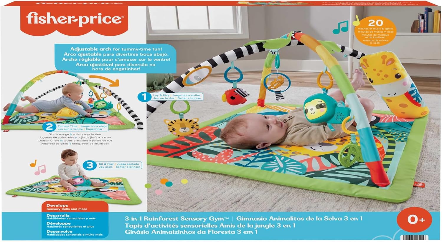 Fisher-Price 3-In-1 Rainforest Sensory Gym & Baby Play Mat | Baby Play Gym Mat for Newborn to Toddler with Light Up Musical Sloth, Toys and Comfy Jungle Gym Playmat Toys | Playmats & Floor Gyms, HJW08-5