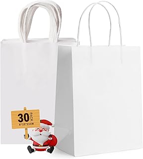 GIFTSAY Small Gift Bags with Handles Bulk 15X8X21cm 30pc Sturdy Paper Bags White for Wedding Party Favor Bags, Grocery Shopping Bags, Retail Merchandise Bags Gift Sacks and Birthday Gift Bags