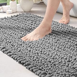 DEXI Chenille Bath Mat, Non Slip Thick Bathroom Mat, Absorbent and Soft Bath Rugs, Washable Carpet Runner Floor Mat, 40 x 60cm, Grey